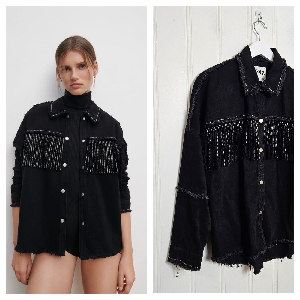 Zara Denim Jacket XS Rhinestone Fringe Western Shacket Raw Hem Black Cowgirl Y2K